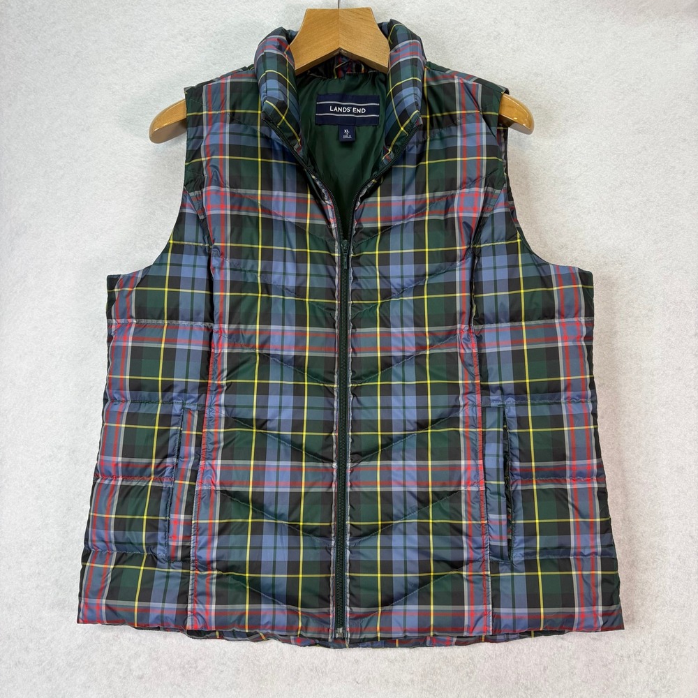 Lands End Green Plaid Down Quilted Puffer Vest Women XL Preppy Heritage Hike